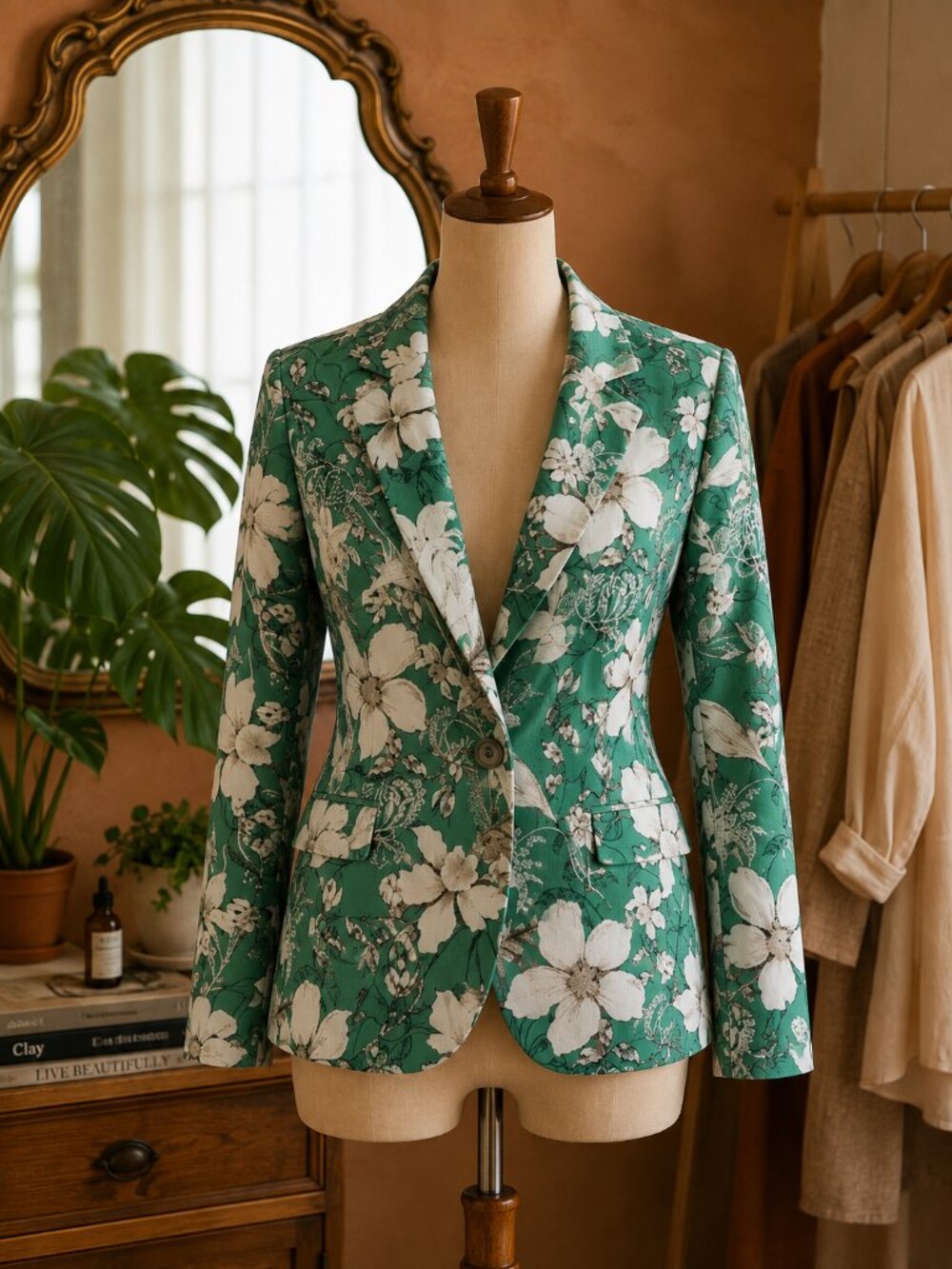 New York & Company Green Floral One-Button Blazer